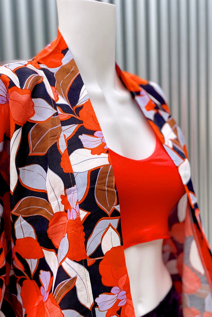 Modern Kimono Cardigan | Leaves + Flowers - 3/4 sleeves, Boho, cardigan, clothing, comfy, ethnic, flowers, fun, graphic pattern, jacket, Kimono, leaves, new, new clothing, PATTERN, soft, woven - Wander Emporium