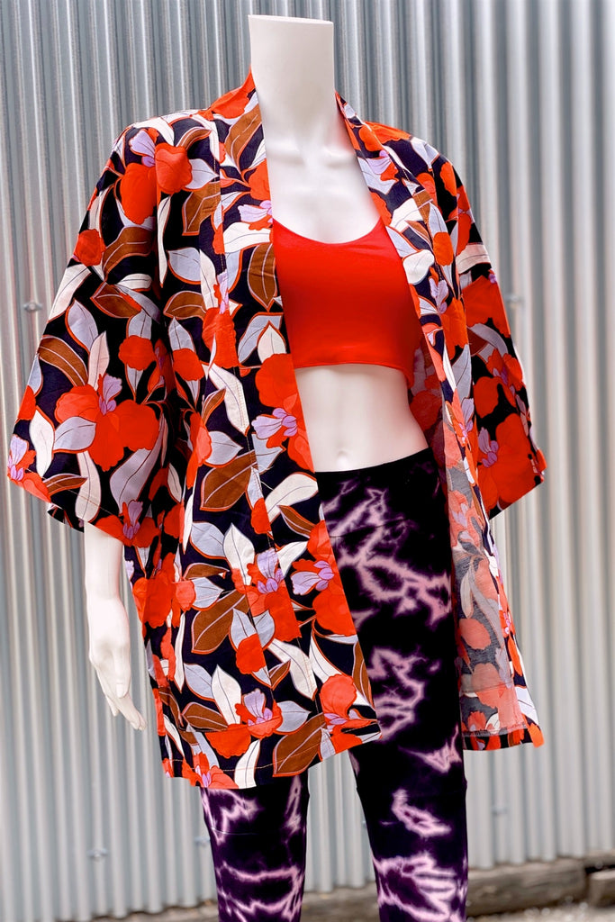 Modern Kimono Cardigan | Leaves + Flowers - 3/4 sleeves, Boho, cardigan, clothing, comfy, ethnic, flowers, fun, graphic pattern, jacket, Kimono, leaves, new, new clothing, PATTERN, soft, woven - Wander Emporium