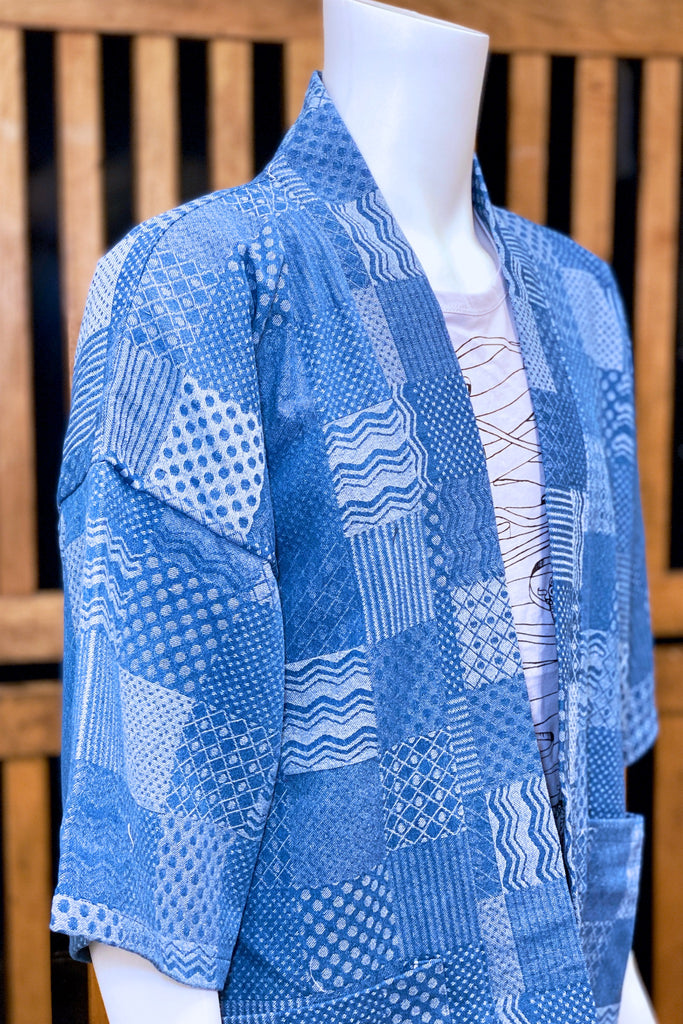 Modern Kimono Cardigan | Blue Texture - 3/4 sleeves, blue, Boho, cardigan, clothing, comfy, ethnic, fun, graphic pattern, jacket, Kimono, new, new clothing, PATTERN, soft, woven - Wander Emporium