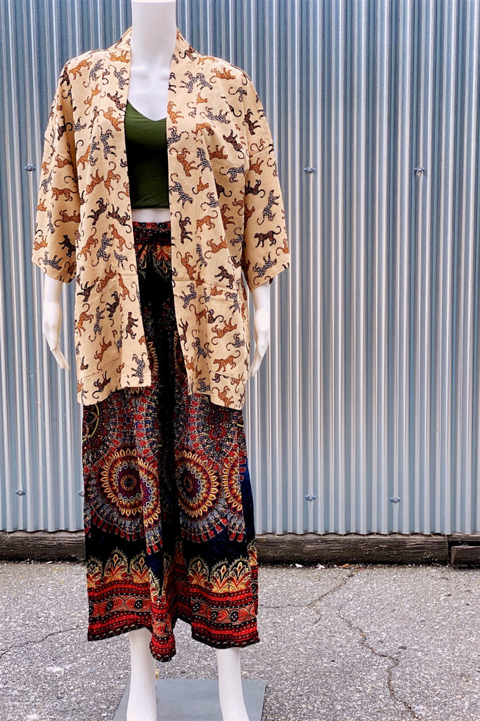 Modern Kimono Cardigan | Wild - 3/4 sleeves, Boho, cardigan, clothing, comfy, ethnic, fun, graphic pattern, jacket, Kimono, leopard, new, new clothing, PATTERN, soft, wild, woven - Wander Emporium