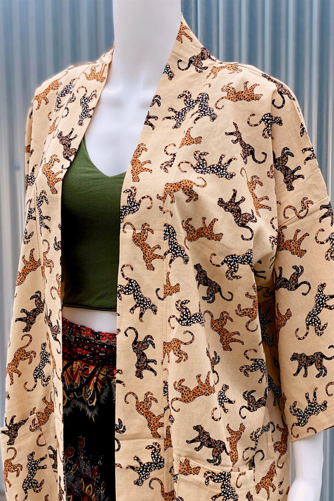 Modern Kimono Cardigan | Wild - 3/4 sleeves, Boho, cardigan, clothing, comfy, ethnic, fun, graphic pattern, jacket, Kimono, leopard, new, new clothing, PATTERN, soft, wild, woven - Wander Emporium