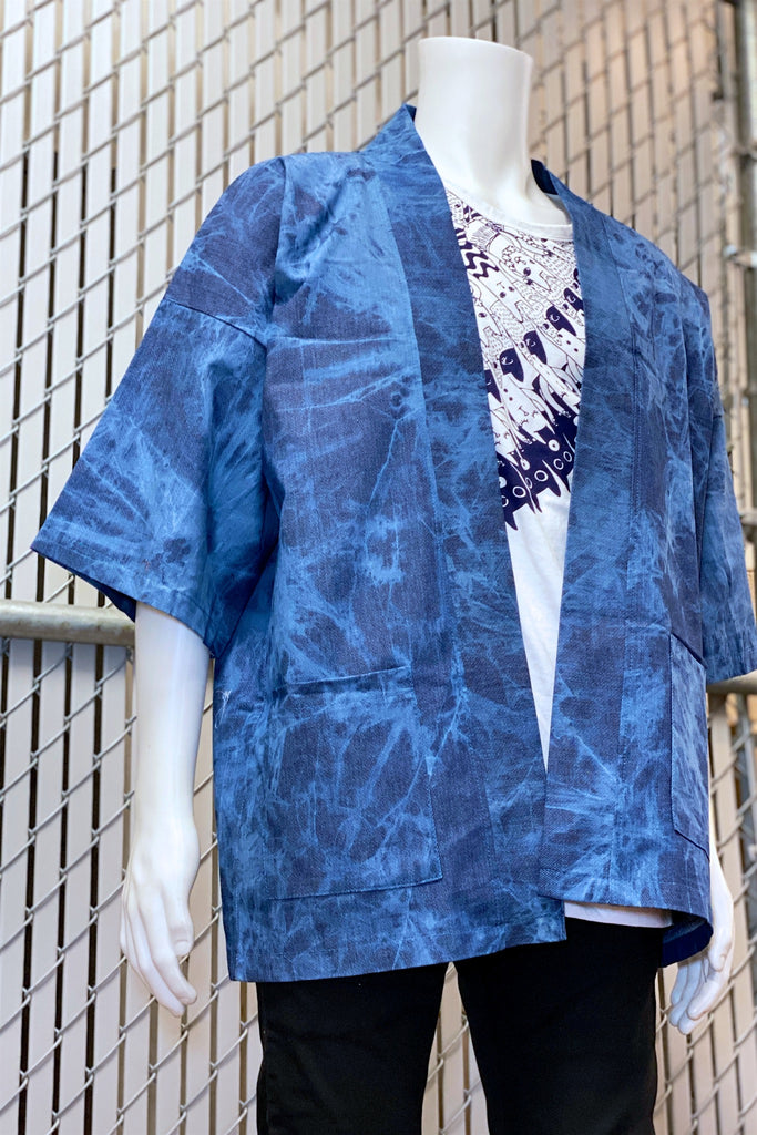 Modern Kimono Cardigan | Tie Dyed - 3/4 sleeves, blue, Boho, cardigan, clothing, comfy, ethnic, fun, graphic pattern, jacket, Kimono, new, new clothing, PATTERN, soft, woven - Wander Emporium
