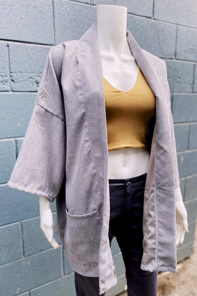 Modern Kimono Cardigan | Grey - 3/4 sleeves, cardigan, clothing, comfy, ethnic, flowers, fun, graphic pattern, grey, jacket, Kimono, new, new clothing, PATTERN, plain - Wander Emporium