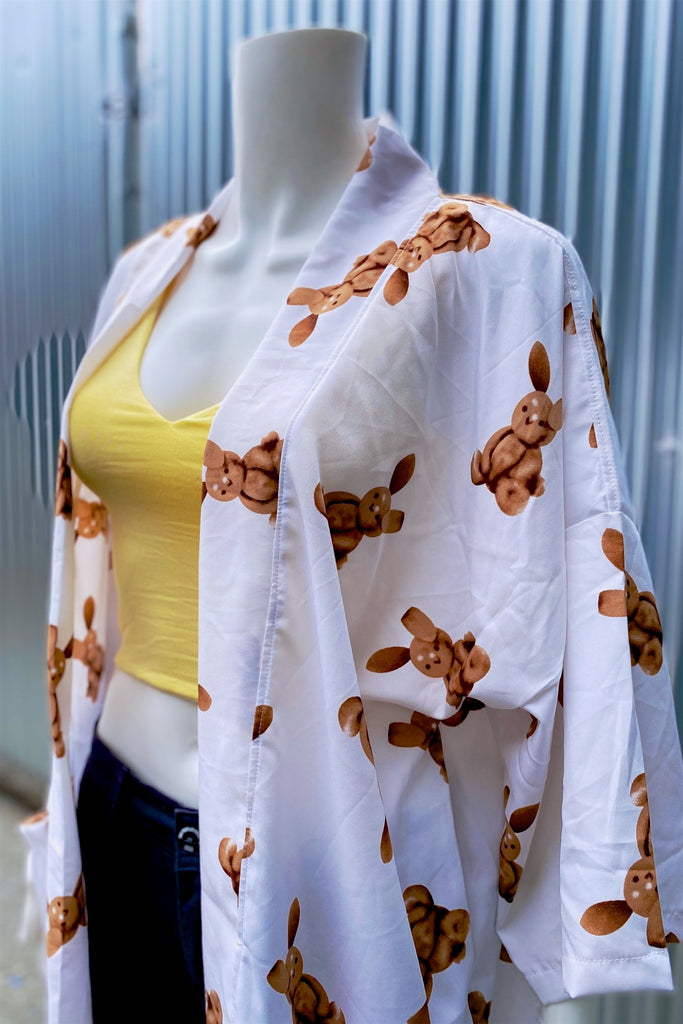 Modern Kimono Cardigan | Bunny - 3/4 sleeves, bunny, cardigan, clothing, comfy, ethnic, flowers, fun, graphic pattern, jacket, Kimono, new, new clothing, PATTERN - Wander Emporium