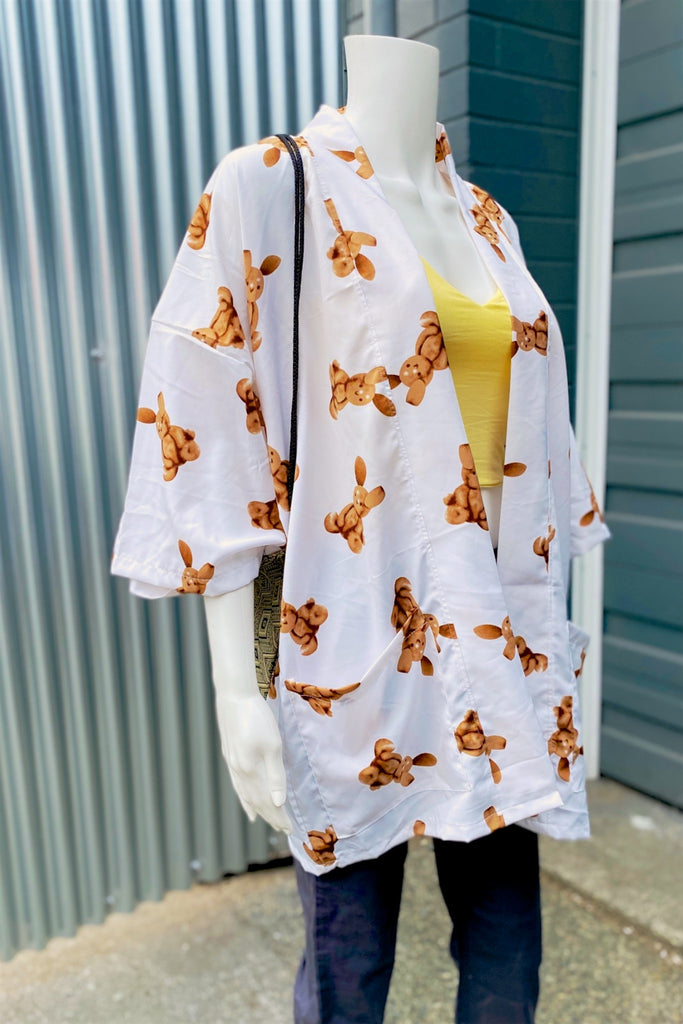 Modern Kimono Cardigan | Bunny - 3/4 sleeves, bunny, cardigan, clothing, comfy, ethnic, flowers, fun, graphic pattern, jacket, Kimono, new, new clothing, PATTERN - Wander Emporium
