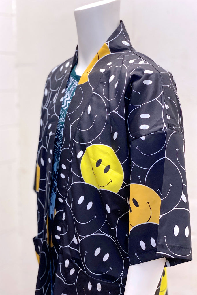 Modern Kimono Cardigan | Smile - 3/4 sleeves, Boho, cardigan, clothing, comfy, ethnic, fun, graphic pattern, jacket, Kimono, new, new clothing, PATTERN, smile, smiley face, soft, woven - Wander Emporium