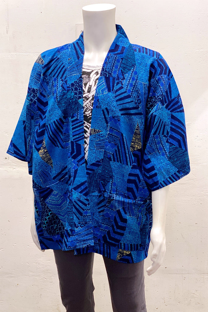 Modern Kimono Cardigan | Blue - 3/4 sleeves, Boho, cardigan, clothing, comfy, ethnic, fun, graphic pattern, ikat, jacket, Kimono, new, new clothing, PATTERN, red, soft, woven - Wander Emporium