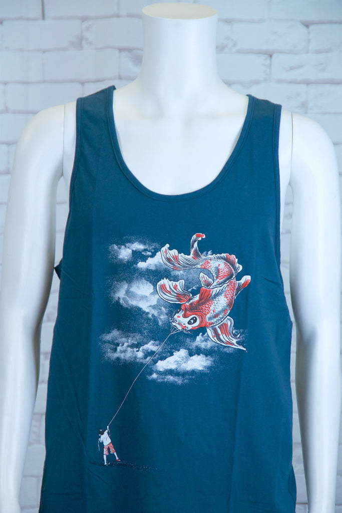 Tank Top | Koi Kite - 3d glasses, aqua, black, colours, graphic, green, man, men, monkey, red, see no evil, Tank Top, teal, unisex, world - Wander Emporium