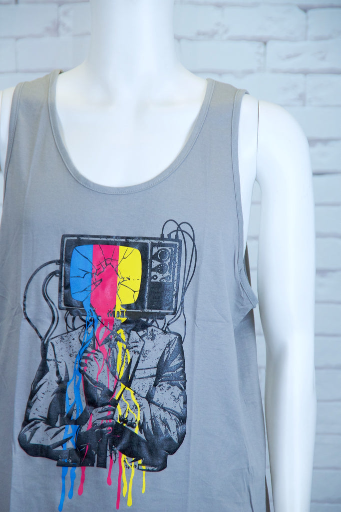 Tank Top | TV Guy - aqua, black, colours, graphic, green, man, men, monkey, red, see no evil, Tank Top, teal, tv, unisex - Wander Emporium