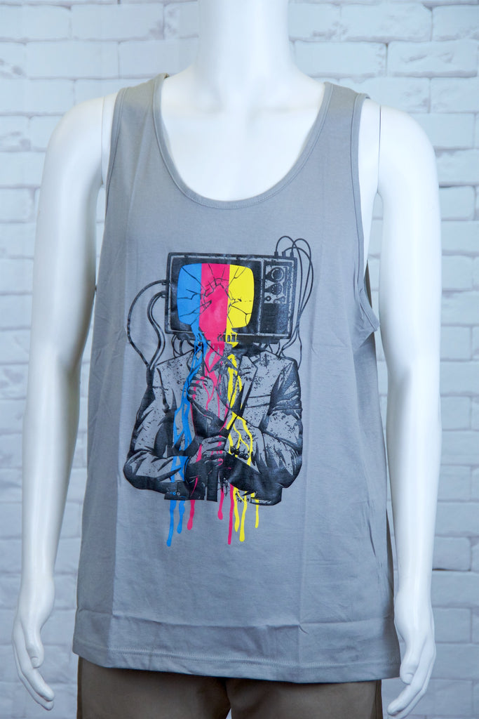 Tank Top | TV Guy - aqua, black, colours, graphic, green, man, men, monkey, red, see no evil, Tank Top, teal, tv, unisex - Wander Emporium