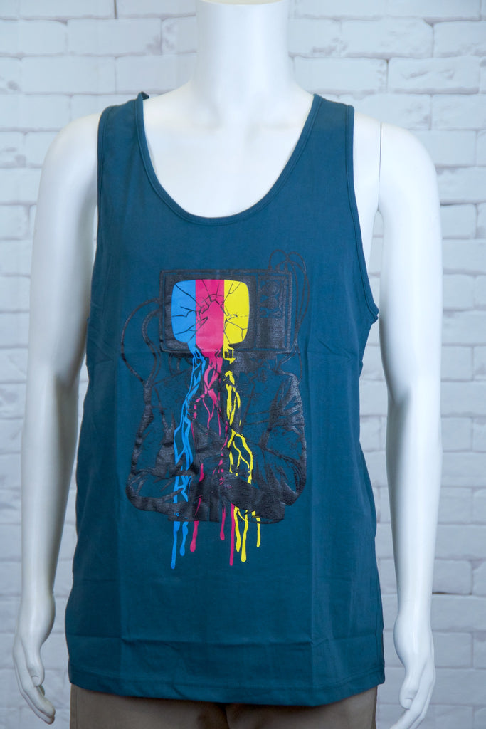 Tank Top | TV Guy - aqua, black, colours, graphic, green, man, men, monkey, red, see no evil, Tank Top, teal, tv, unisex - Wander Emporium