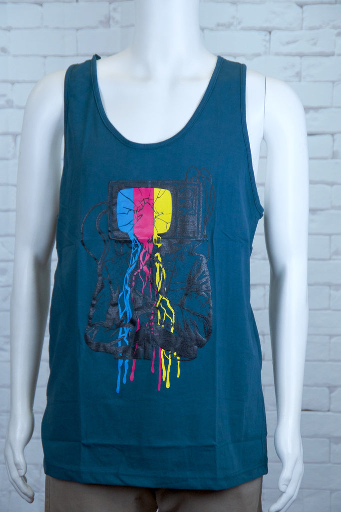 Tank Top | TV Guy - aqua, black, colours, graphic, green, man, men, monkey, red, see no evil, Tank Top, teal, tv, unisex - Wander Emporium