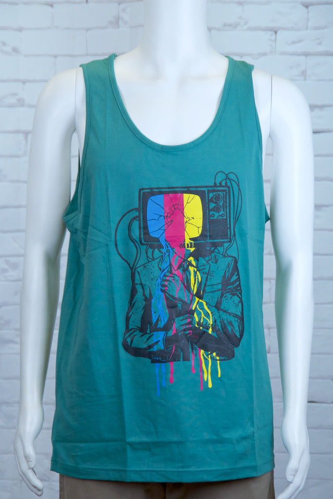 Tank Top | TV Guy - aqua, black, colours, graphic, green, man, men, monkey, red, see no evil, Tank Top, teal, tv, unisex - Wander Emporium