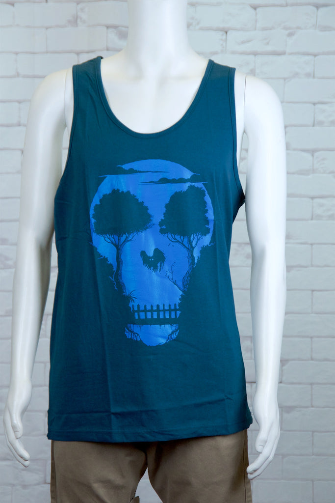 Tank Top | Skull + Owl - 3d glasses, aqua, black, colours, graphic, green, man, men, monkey, red, see no evil, Tank Top, teal, unisex, world - Wander Emporium