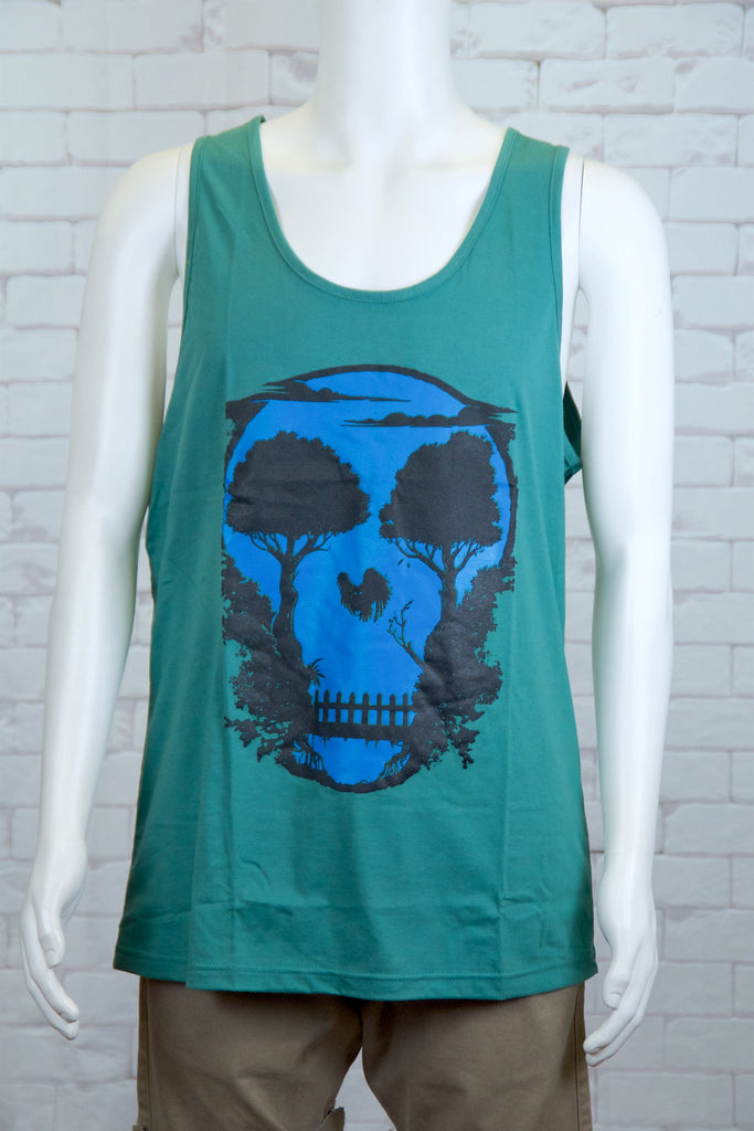 Tank Top | Skull + Owl - 3d glasses, aqua, black, colours, graphic, green, man, men, monkey, red, see no evil, Tank Top, teal, unisex, world - Wander Emporium