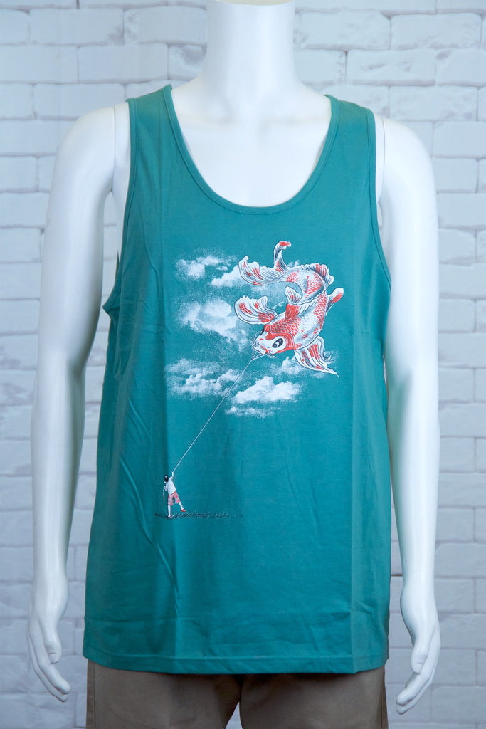 Tank Top | Koi Kite - 3d glasses, aqua, black, colours, graphic, green, man, men, monkey, red, see no evil, Tank Top, teal, unisex, world - Wander Emporium