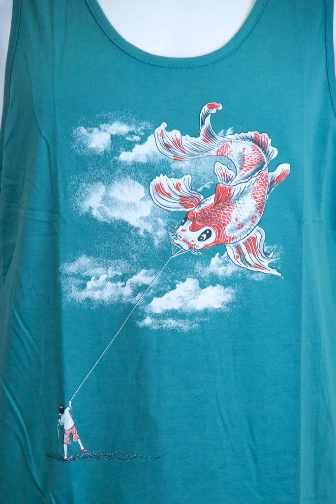 Tank Top | Koi Kite - 3d glasses, aqua, black, colours, graphic, green, man, men, monkey, red, see no evil, Tank Top, teal, unisex, world - Wander Emporium