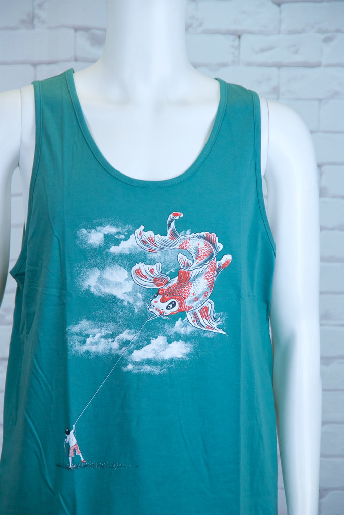 Tank Top | Koi Kite - 3d glasses, aqua, black, colours, graphic, green, man, men, monkey, red, see no evil, Tank Top, teal, unisex, world - Wander Emporium