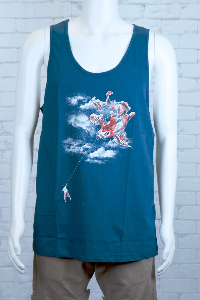 Tank Top | Koi Kite - 3d glasses, aqua, black, colours, graphic, green, man, men, monkey, red, see no evil, Tank Top, teal, unisex, world - Wander Emporium