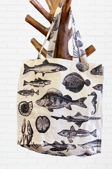 Tote Bag | Fish - aqua, aquatic life, bag, beach bag, book bag, fish, hand printed, long sleeve, marine, school, Shopper, Tote, tote bag - Wander Emporium