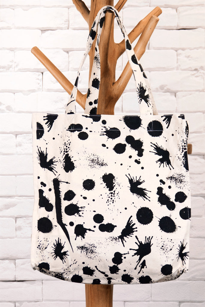 Tote Bag | Splatters - art, bag, beach bag, black and white, book bag, drawing, hand printed, paint, Shopper, splatters, Tote, tote bag - Wander Emporium