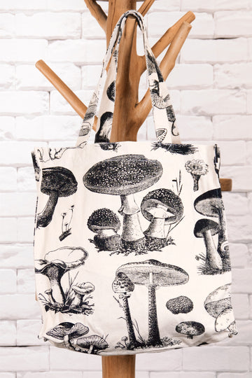 Tote Bag | Mushrooms - art, bag, beach bag, black and white, book bag, drawing, hand printed, morel, mushroom, porcini, Shopper, Tote, tote bag - Wander Emporium