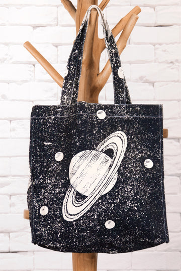 Tote Bag | Saturn - bag, beach bag, black and white, book bag, drawing, hand printed, jupiter, outer space, PLANET, planets, Shopper, space, Tote, tote bag - Wander Emporium