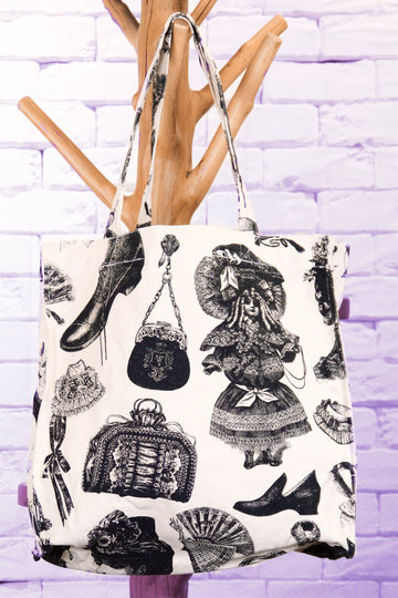Tote Bag | Victorian Fashion - art, bag, beach bag, black and white, book bag, drawing, hand printed, Shopper, Tote, tote bag, victoria, victorian fashion, victorian style - Wander Emporium
