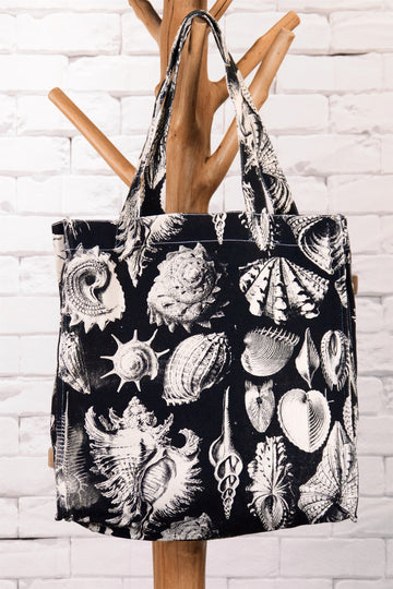 Tote Bag | Conch - bag, beach bag, black and white, book bag, conch, drawing, hand printed, marine, nature, sea, seashells, Shopper, Tote, tote bag - Wander Emporium