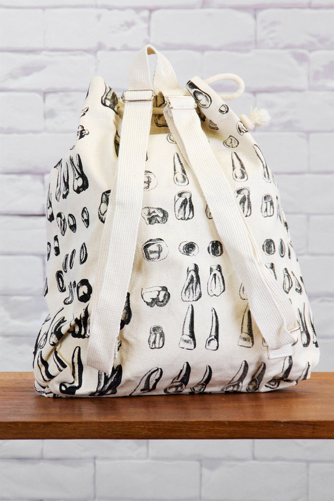Backpack | Teeth - backpack, black and white, book bag, canvas, day bag, day pack, drawing, hand printed, regular backpack, teeth - Wander Emporium
