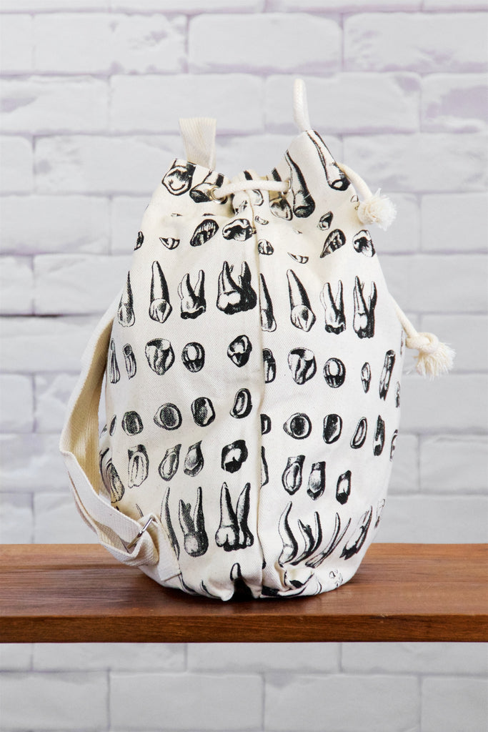 Backpack | Teeth - backpack, black and white, book bag, canvas, day bag, day pack, drawing, hand printed, regular backpack, teeth - Wander Emporium