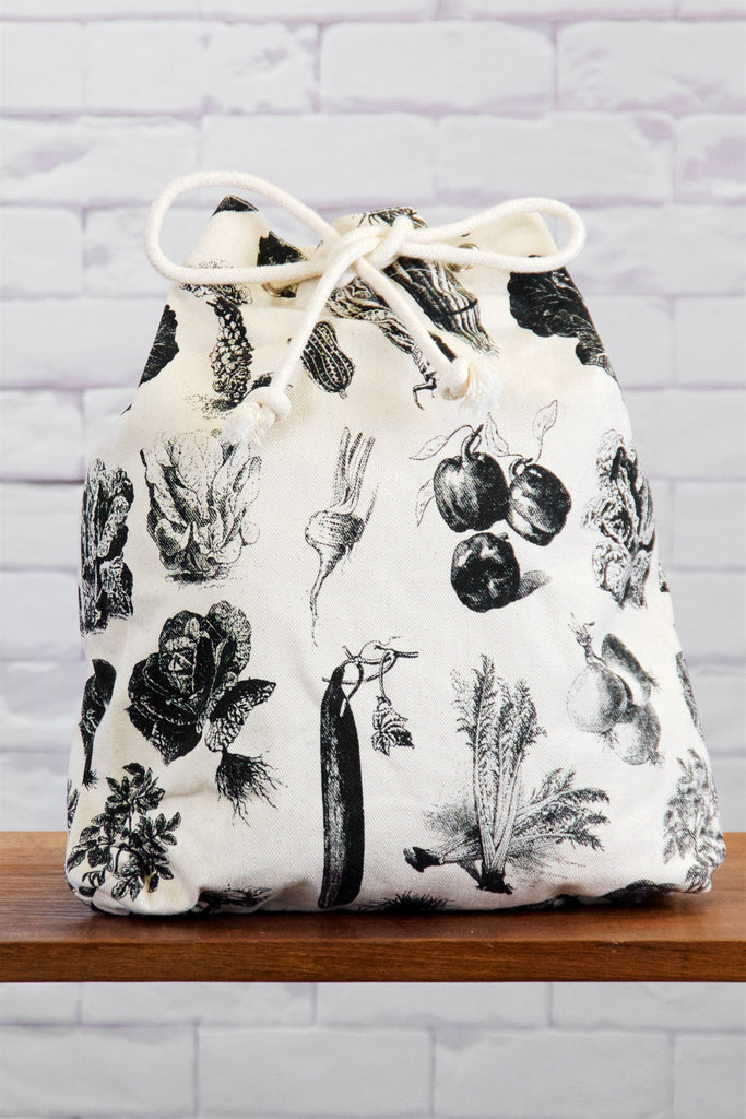 Backpack | Vegetables - backpack, black and white, book bag, canvas, day bag, day pack, drawing, forage, hand printed, regular backpack, vegetables, veggies - Wander Emporium