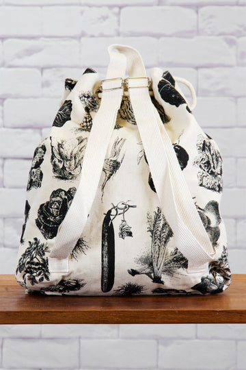 Backpack | Vegetables - backpack, black and white, book bag, canvas, day bag, day pack, drawing, forage, hand printed, regular backpack, vegetables, veggies - Wander Emporium
