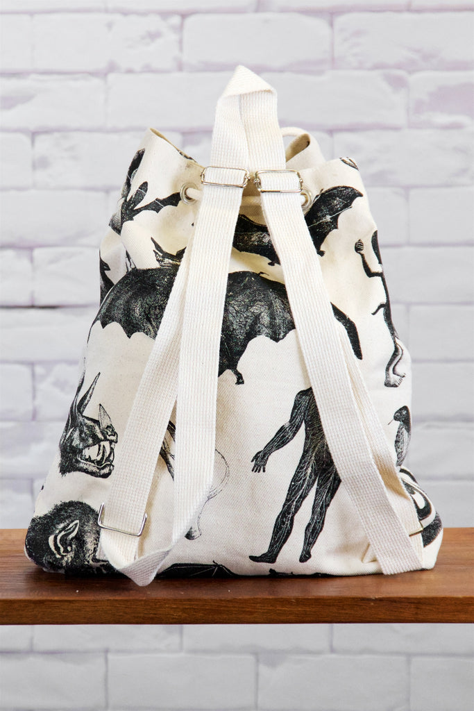 Backpack | Nature - backpack, BAT, black and white, book bag, canvas, day bag, day pack, drawing, hand printed, human, human body, nature, regular backpack, snake, snakes - Wander Emporium