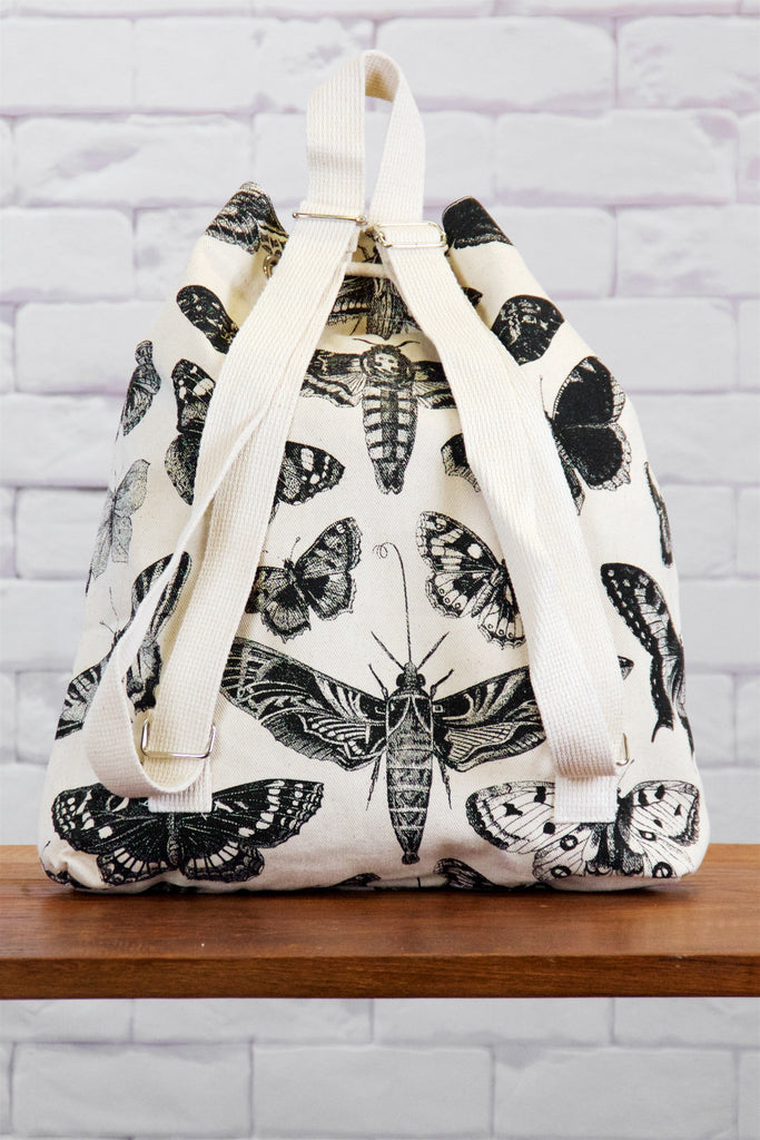 Backpack | Moth - backpack, black and white, book bag, canvas, day bag, day pack, drawing, hand printed, Moth, nature, regular backpack - Wander Emporium
