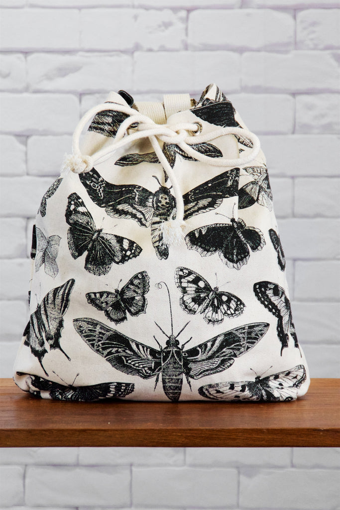 Backpack | Moth - backpack, black and white, book bag, canvas, day bag, day pack, drawing, hand printed, Moth, nature, regular backpack - Wander Emporium