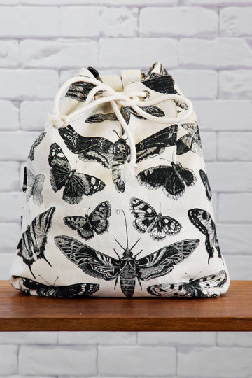 Backpack | Moth - backpack, black and white, book bag, canvas, day bag, day pack, drawing, hand printed, Moth, nature, regular backpack - Wander Emporium