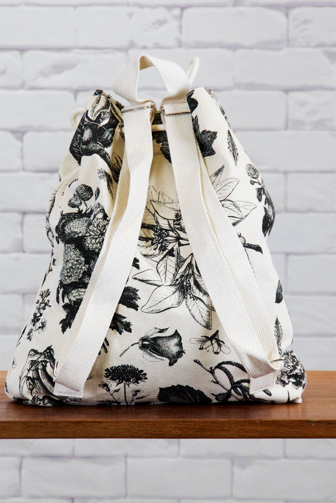 Backpack | Blooms - backpack, black and white, blooms, book bag, canvas, day bag, day pack, drawing, hand printed, Moth, nature, regular backpack, wild, wild flowers - Wander Emporium