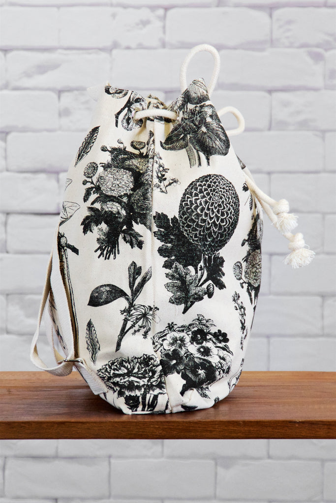 Backpack | Blooms - backpack, black and white, blooms, book bag, canvas, day bag, day pack, drawing, hand printed, Moth, nature, regular backpack, wild, wild flowers - Wander Emporium