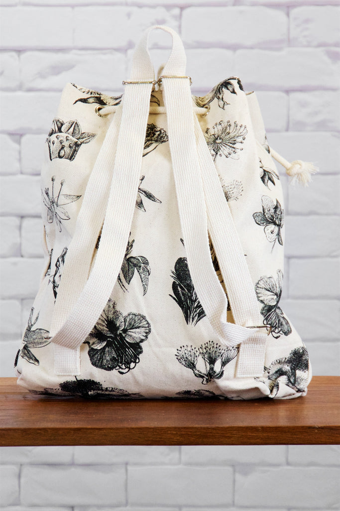 Backpack | Wild Flowers - backpack, black and white, blooms, book bag, canvas, day bag, day pack, drawing, hand printed, Moth, nature, regular backpack, wild, wild flowers - Wander Emporium