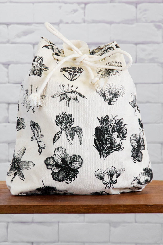 Backpack | Wild Flowers - backpack, black and white, blooms, book bag, canvas, day bag, day pack, drawing, hand printed, Moth, nature, regular backpack, wild, wild flowers - Wander Emporium