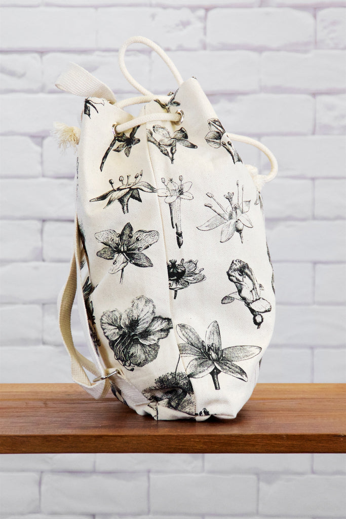 Backpack | Wild Flowers - backpack, black and white, blooms, book bag, canvas, day bag, day pack, drawing, hand printed, Moth, nature, regular backpack, wild, wild flowers - Wander Emporium