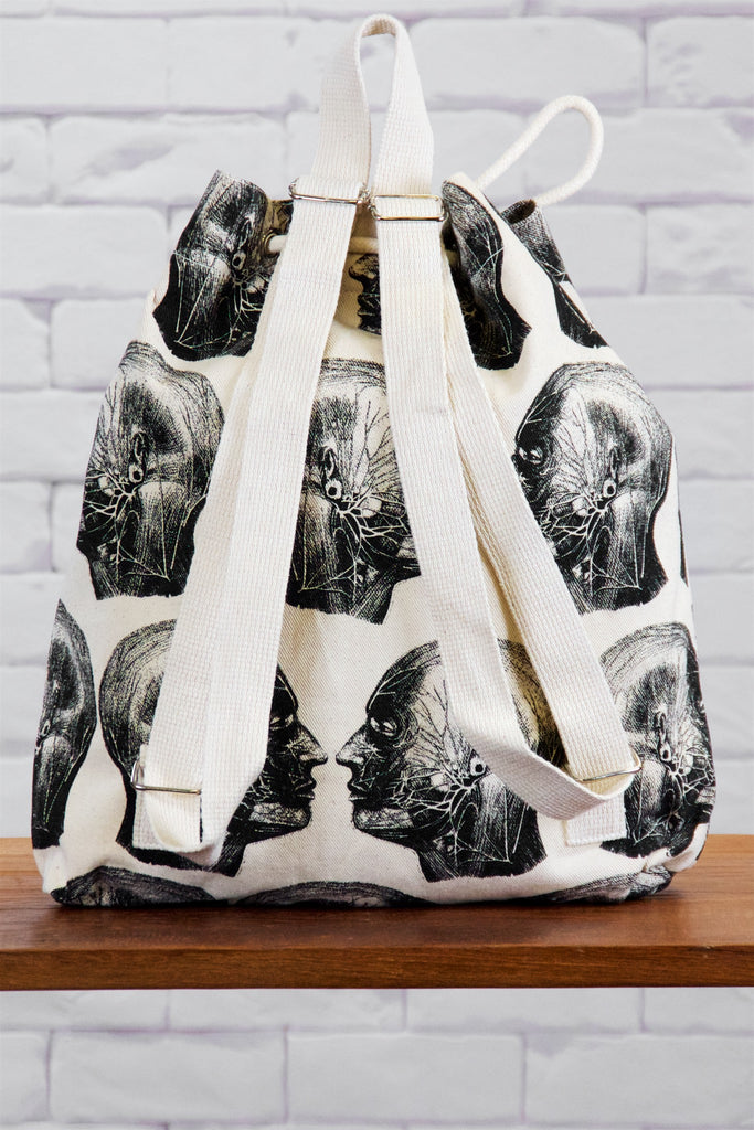 Backpack | Heads - anatomy, anatomy drawing, anatomy print, backpack, black and white, book bag, canvas, day bag, day pack, drawing, hand printed, heads, human, human body, nature, regular backpack - Wander Emporium