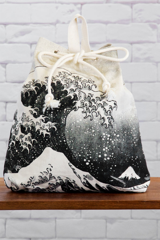 Backpack | Waves - backpack, big wave, black and white, book bag, canvas, day bag, day pack, drawing, hand printed, japanese wave, nature, regular backpack, waves - Wander Emporium