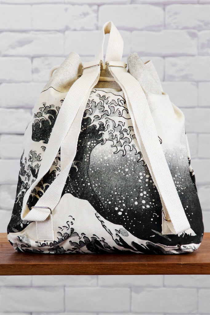 Backpack | Waves - backpack, big wave, black and white, book bag, canvas, day bag, day pack, drawing, hand printed, japanese wave, nature, regular backpack, waves - Wander Emporium