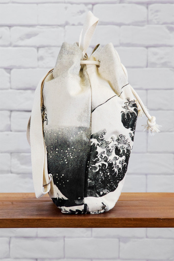 Backpack | Waves - backpack, big wave, black and white, book bag, canvas, day bag, day pack, drawing, hand printed, japanese wave, nature, regular backpack, waves - Wander Emporium