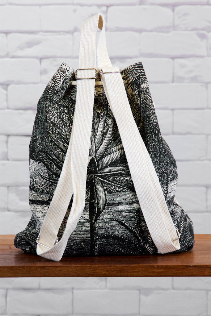 Backpack | Wild Tropics - backpack, black and white, book bag, canvas, day bag, day pack, drawing, hand printed, regular backpack, wild, wild flowers, wild tropics - Wander Emporium