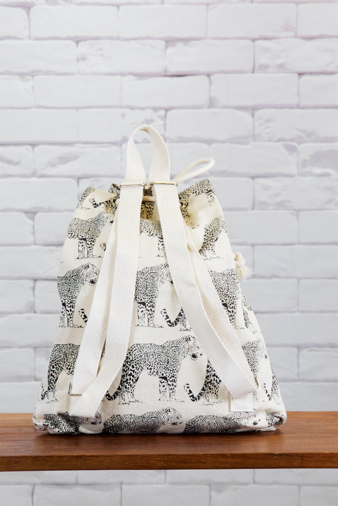 Backpack | Leopard - backpack, black and white, book bag, canvas, day bag, day pack, drawing, hand printed, leopard, nature, regular backpack - Wander Emporium