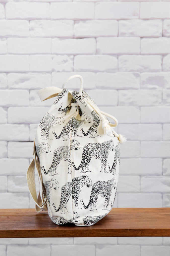 Backpack | Leopard - backpack, black and white, book bag, canvas, day bag, day pack, drawing, hand printed, leopard, nature, regular backpack - Wander Emporium