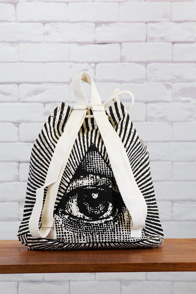 Backpack | Triangle Eye - backpack, black and white, book bag, canvas, day bag, day pack, drawing, eye, eyes, hand printed, illuminati eye, regular backpack - Wander Emporium